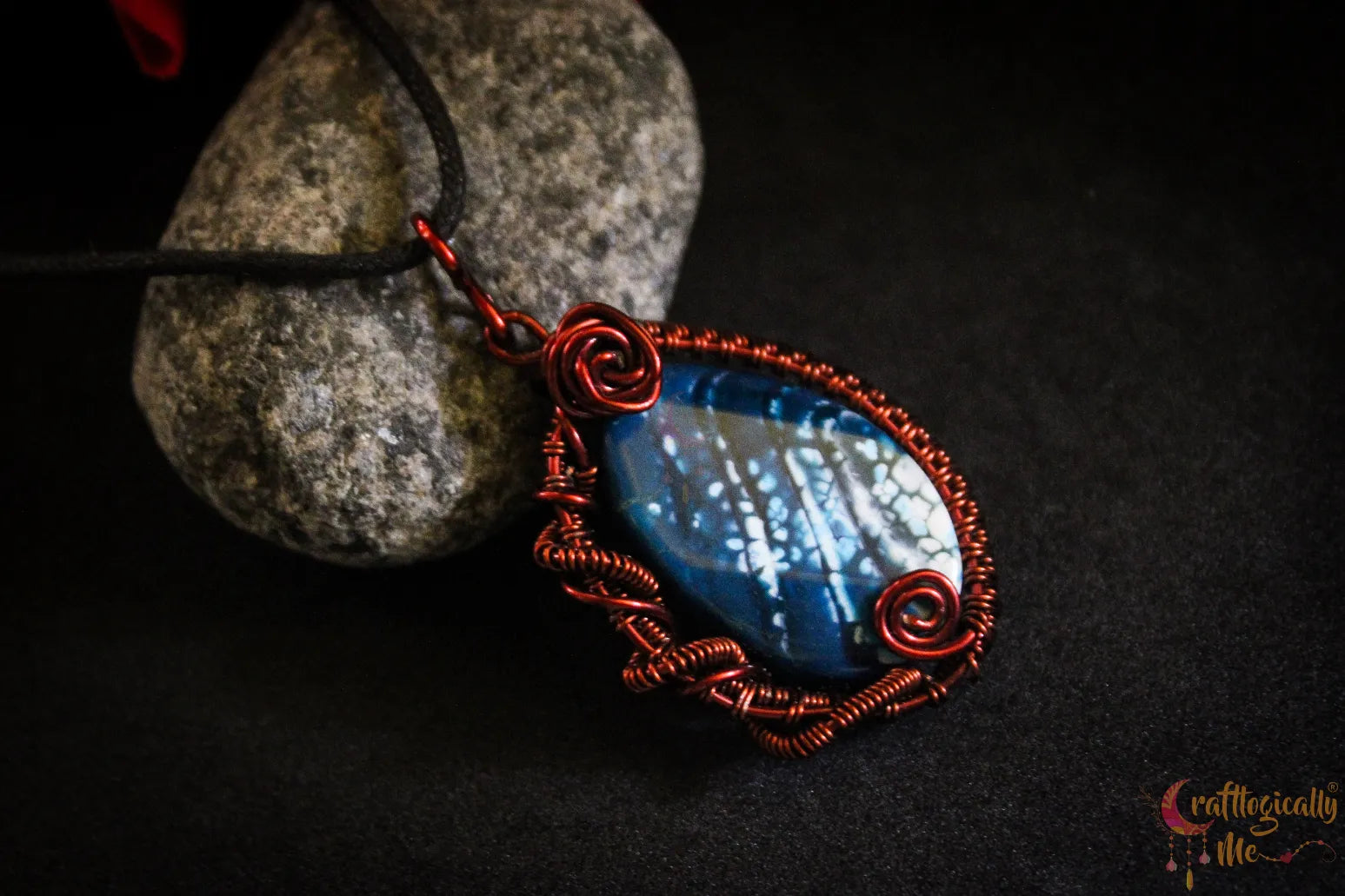 Blue Onyx Asymmetric Wire Wrapped Pendant – Handmade Anti-Tarnish Jewelry