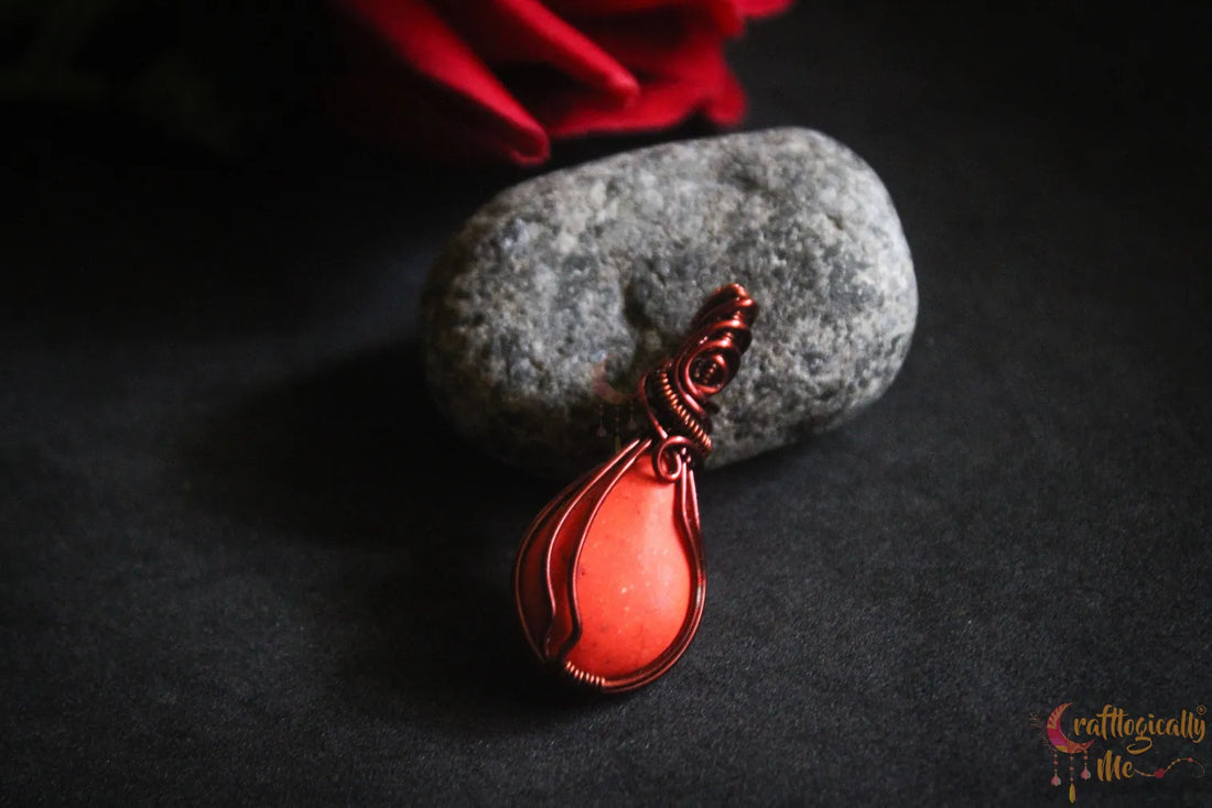 Orange Howlite Teardrop Wire Wrapped Pendant – Handmade Anti-Tarnish Jewelry