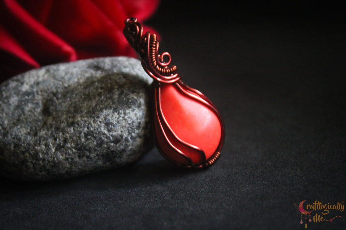 Orange Howlite Teardrop Wire Wrapped Pendant – Handmade Anti-Tarnish Jewelry