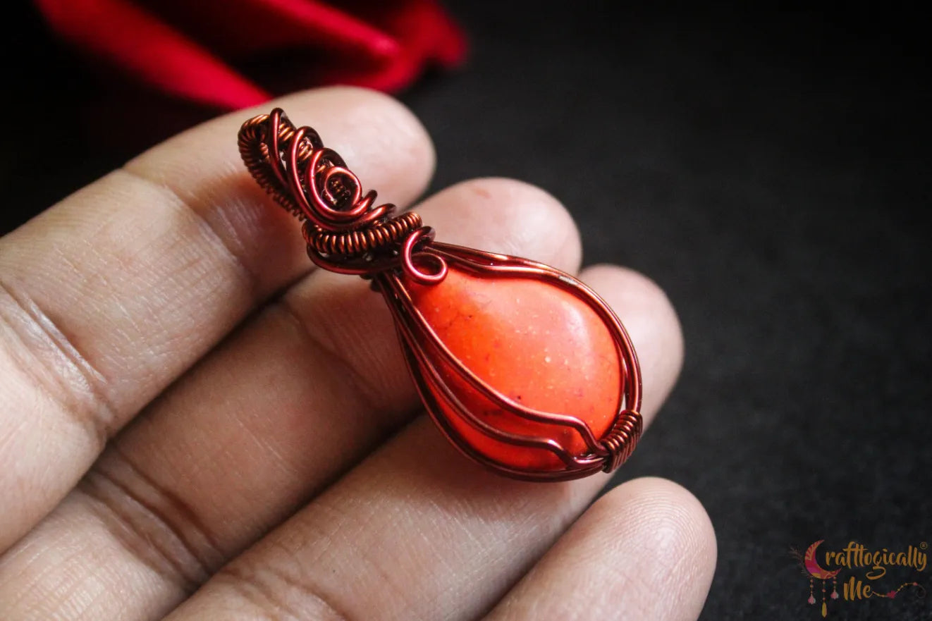 Orange Howlite Teardrop Wire Wrapped Pendant – Handmade Anti-Tarnish Jewelry