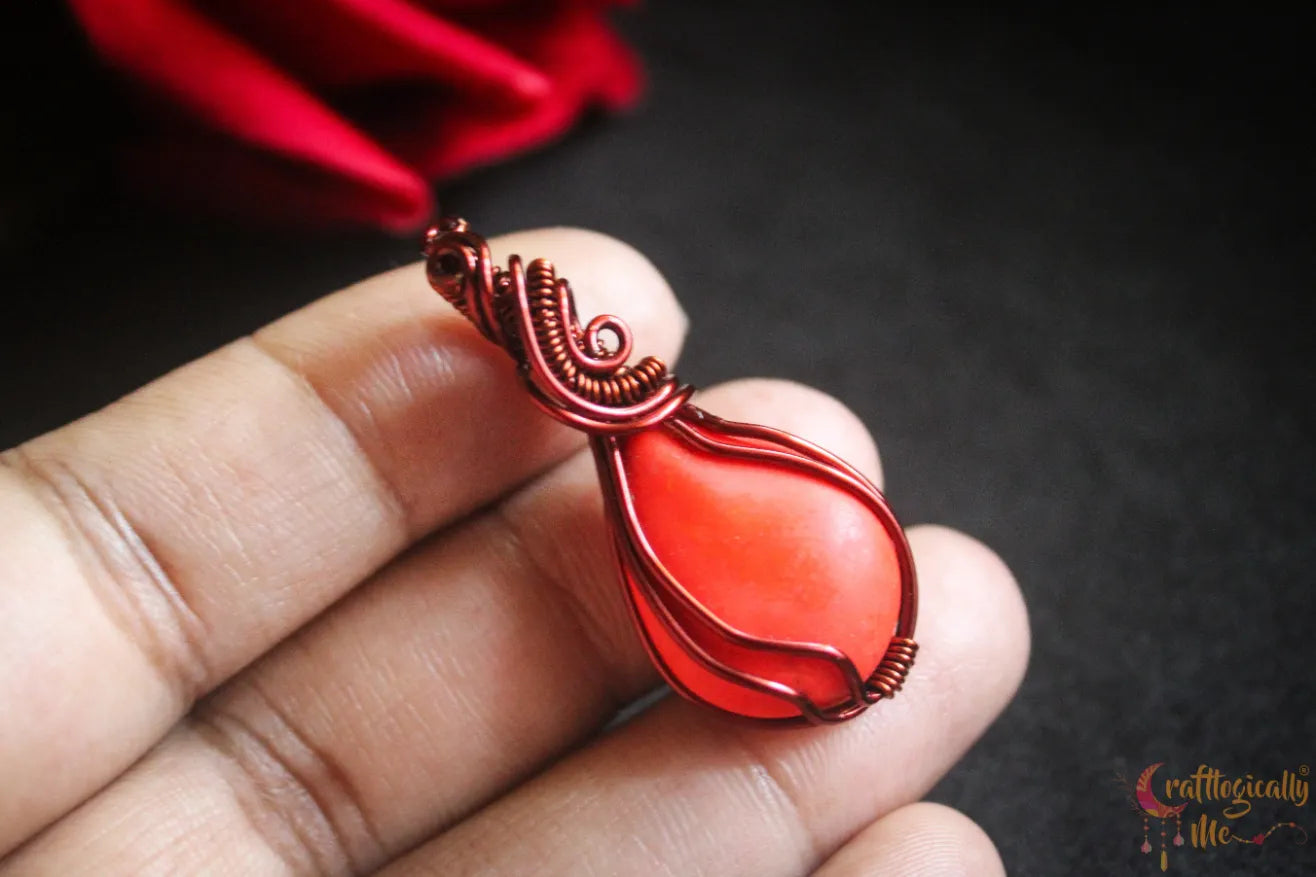 Orange Howlite Teardrop Wire Wrapped Pendant – Handmade Anti-Tarnish Jewelry