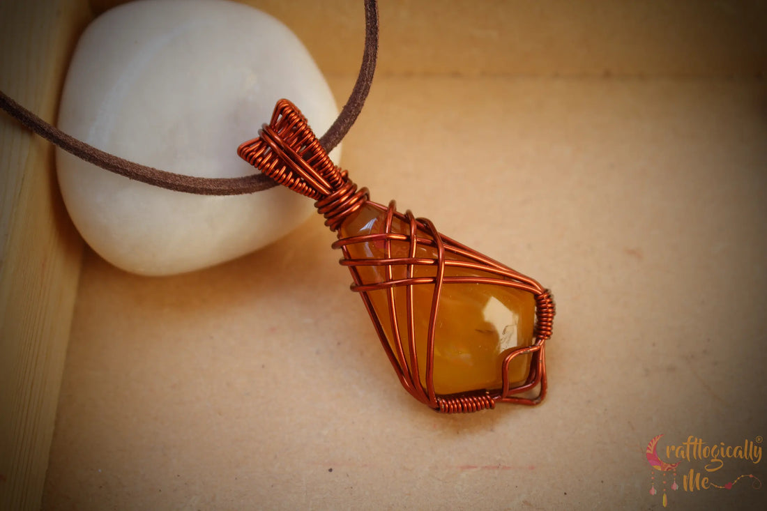 Amber Agate Gemstone Pendant – Handmade Anti-Tarnish Copper Wire Wrapped Jewelry