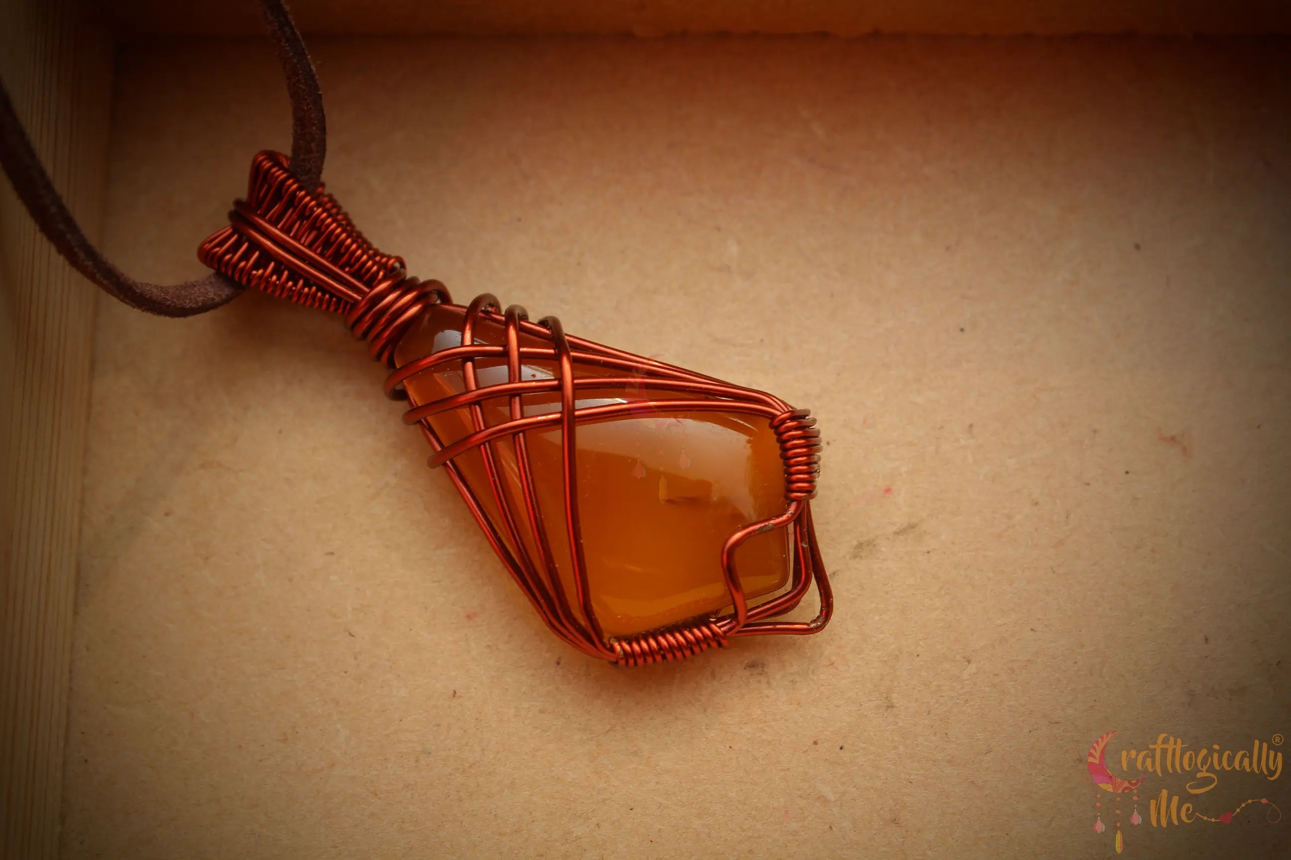 Amber Agate Gemstone Pendant – Handmade Anti-Tarnish Copper Wire Wrapped Jewelry