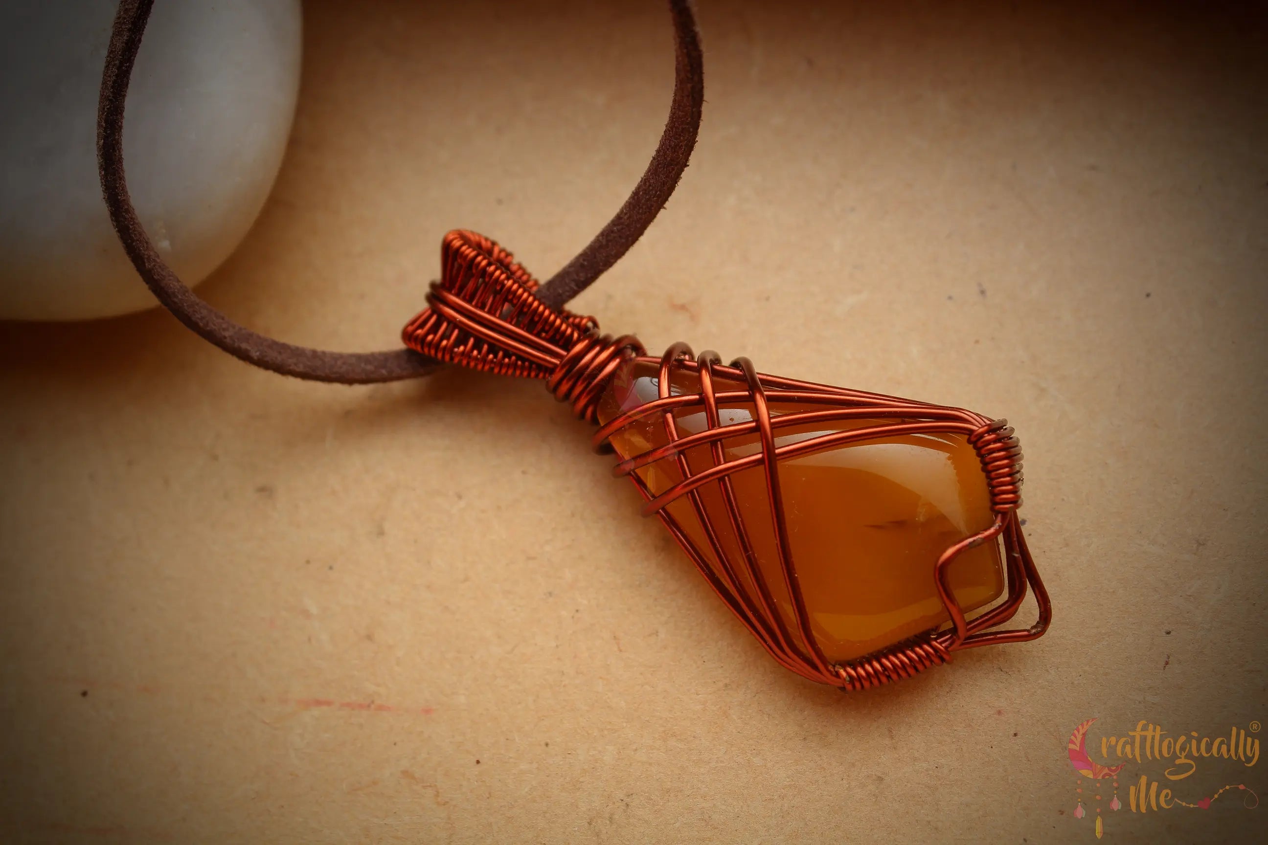 Amber Agate Gemstone Pendant – Handmade Anti-Tarnish Copper Wire Wrapped Jewelry