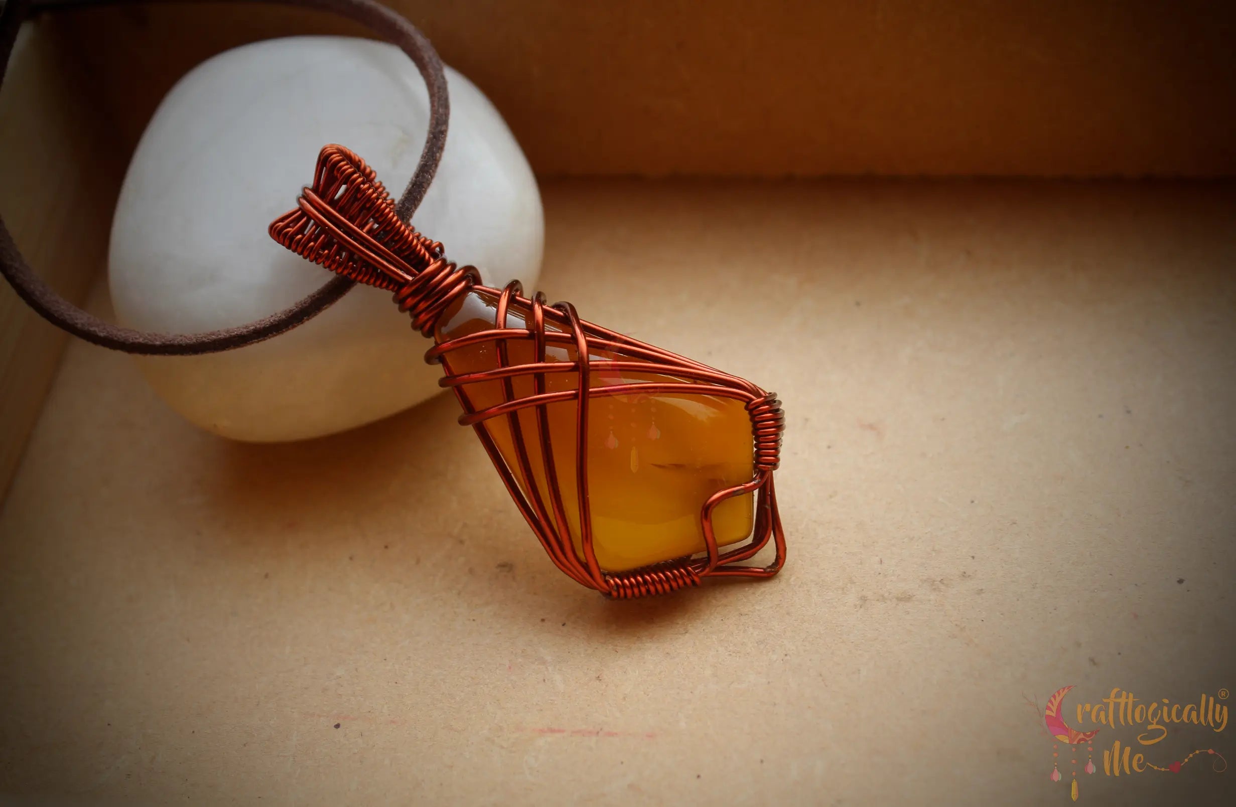 Amber Agate Gemstone Pendant – Handmade Anti-Tarnish Copper Wire Wrapped Jewelry
