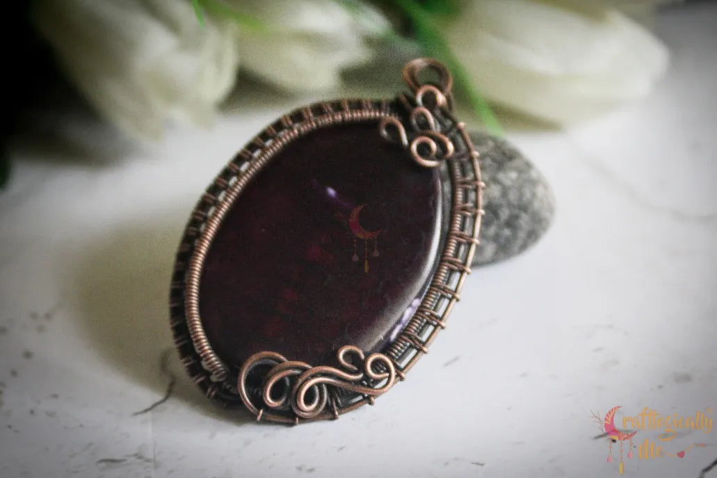 Purple Agate Bead Pendant – Handmade Oxidized Copper Wire Wrapped Jewelry