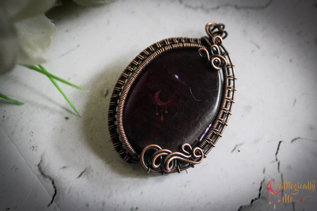 Purple Agate Bead Pendant – Handmade Oxidized Copper Wire Wrapped Jewelry