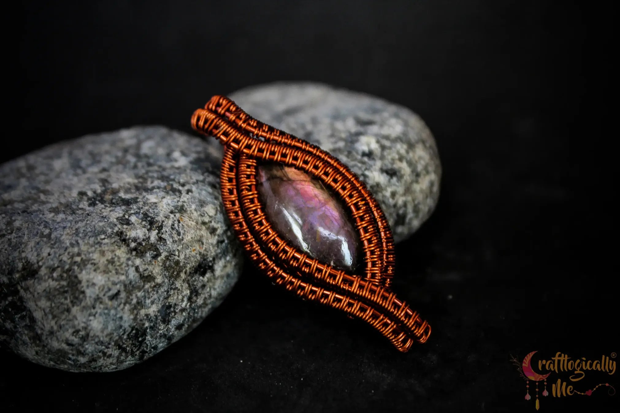 Purple Labradorite Gemstone Marquee Pendant – Handmade Anti-Tarnish Copper Wire Wrapped Jewelry