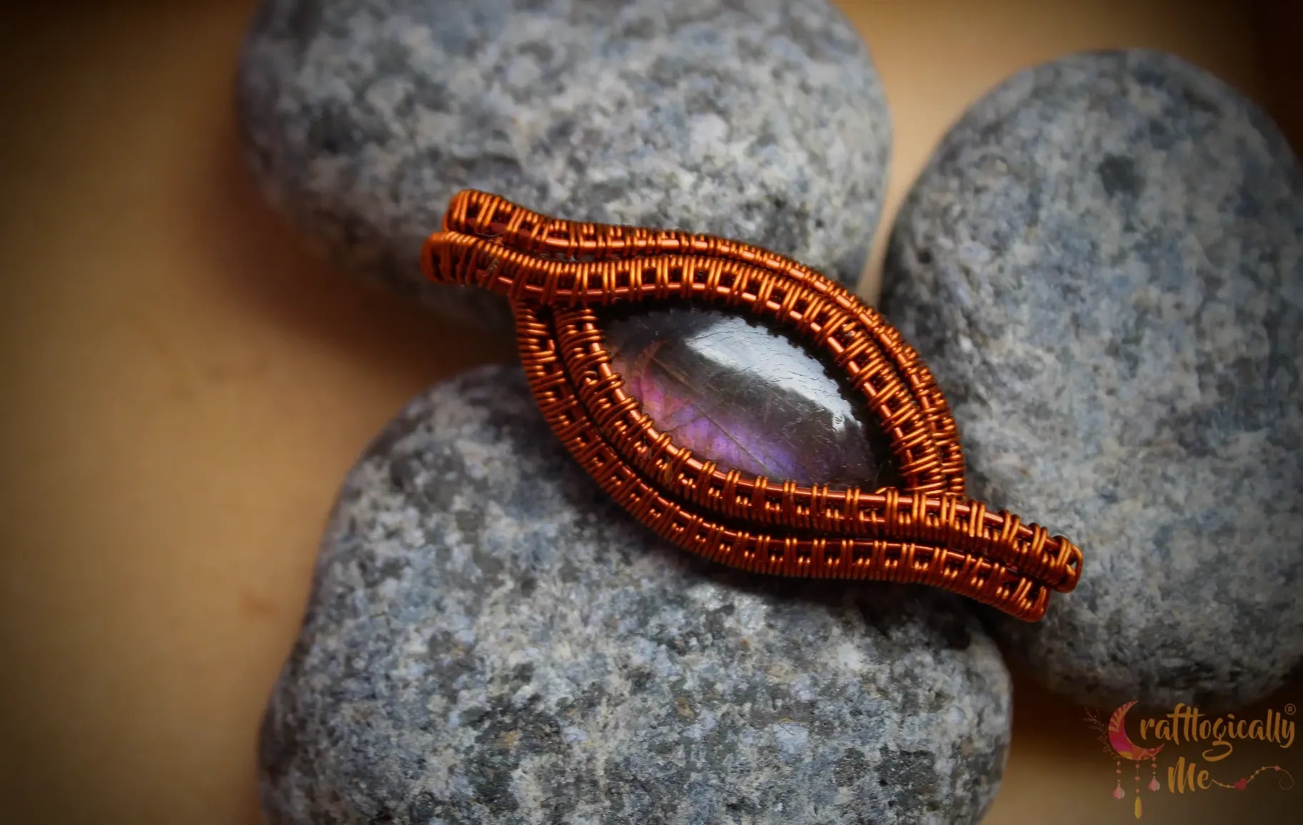 Purple Labradorite Gemstone Marquee Pendant – Handmade Anti-Tarnish Copper Wire Wrapped Jewelry
