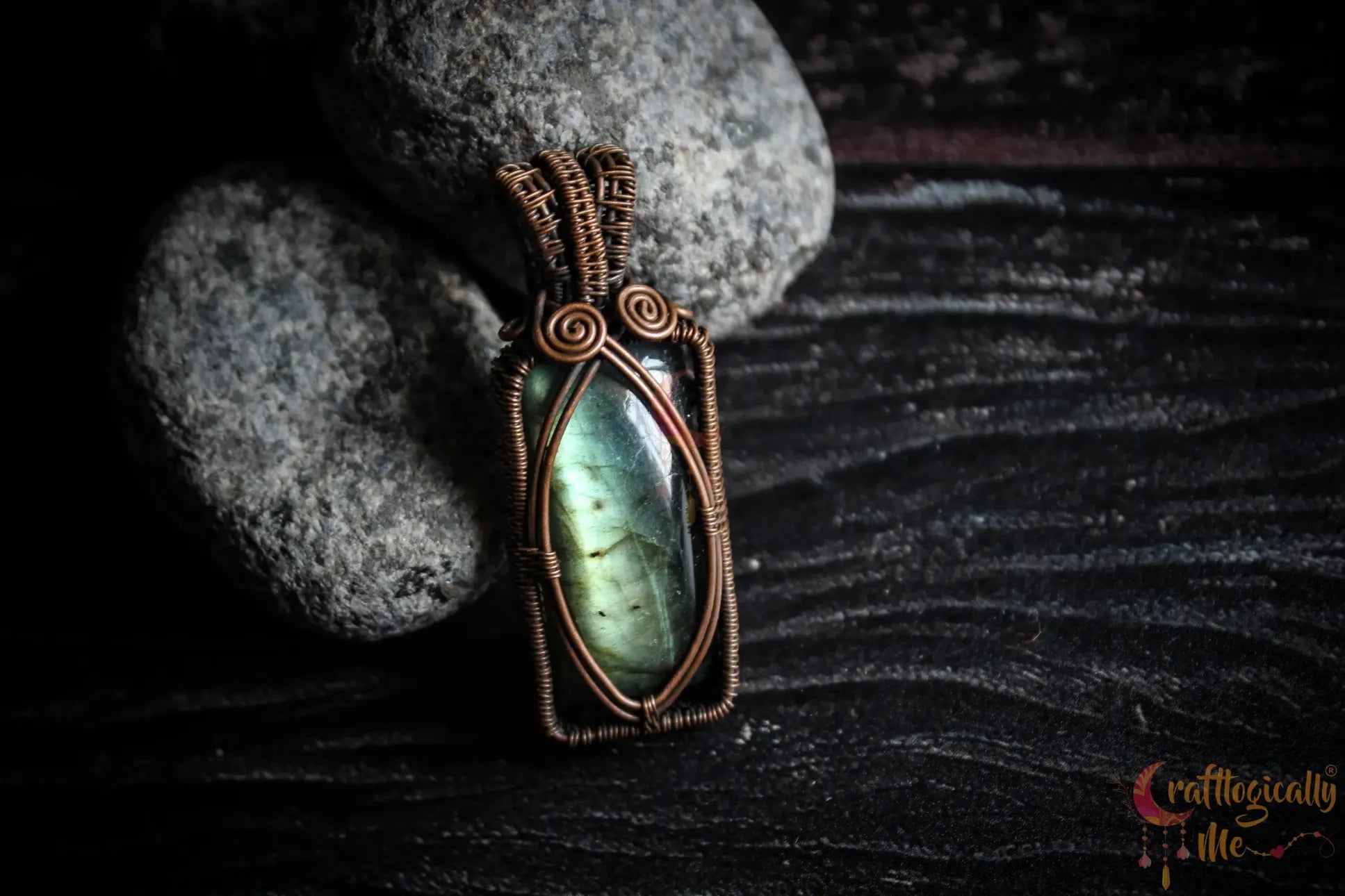 Green Flash Labradorite Gemstone Rectangle Pendant – Handmade Oxidized Copper Wire Wrapped Jewelry