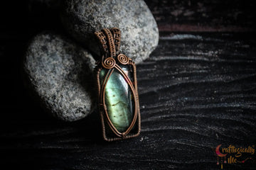 Green Flash Labradorite Gemstone Rectangle Pendant – Handmade Oxidized Copper Wire Wrapped Jewelry