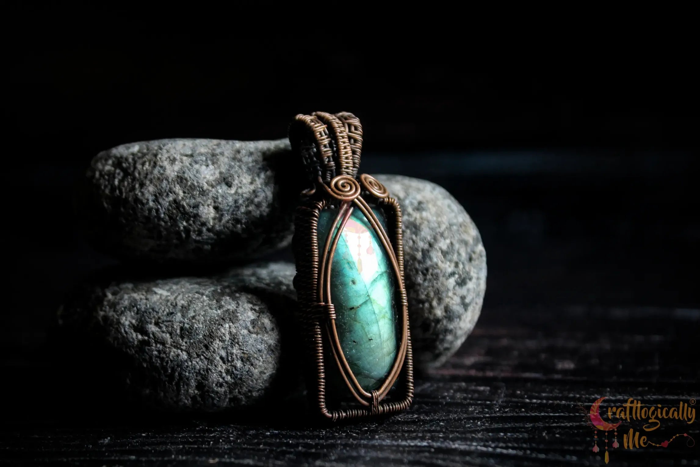 Green Flash Labradorite Gemstone Rectangle Pendant – Handmade Oxidized Copper Wire Wrapped Jewelry