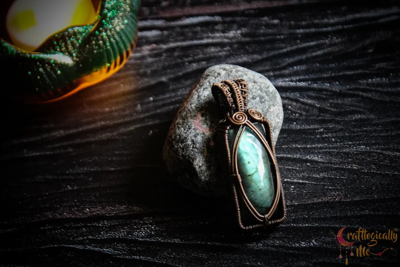 Green Flash Labradorite Gemstone Rectangle Pendant – Handmade Oxidized Copper Wire Wrapped Jewelry