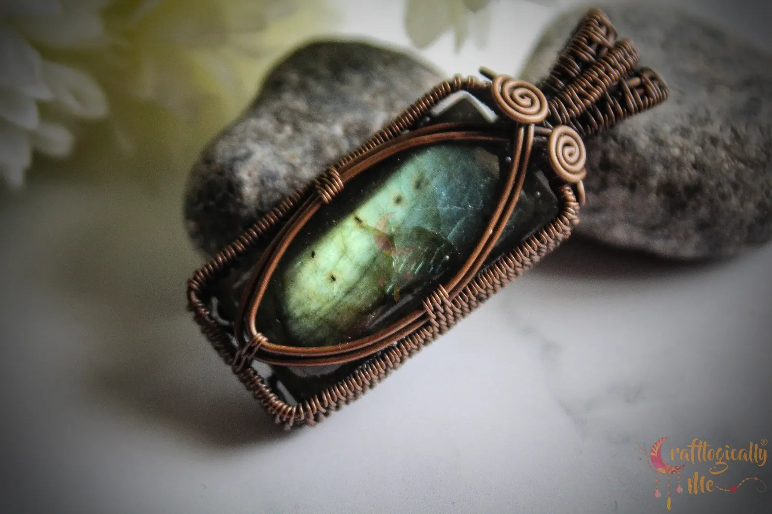Green Flash Labradorite Gemstone Rectangle Pendant – Handmade Oxidized Copper Wire Wrapped Jewelry