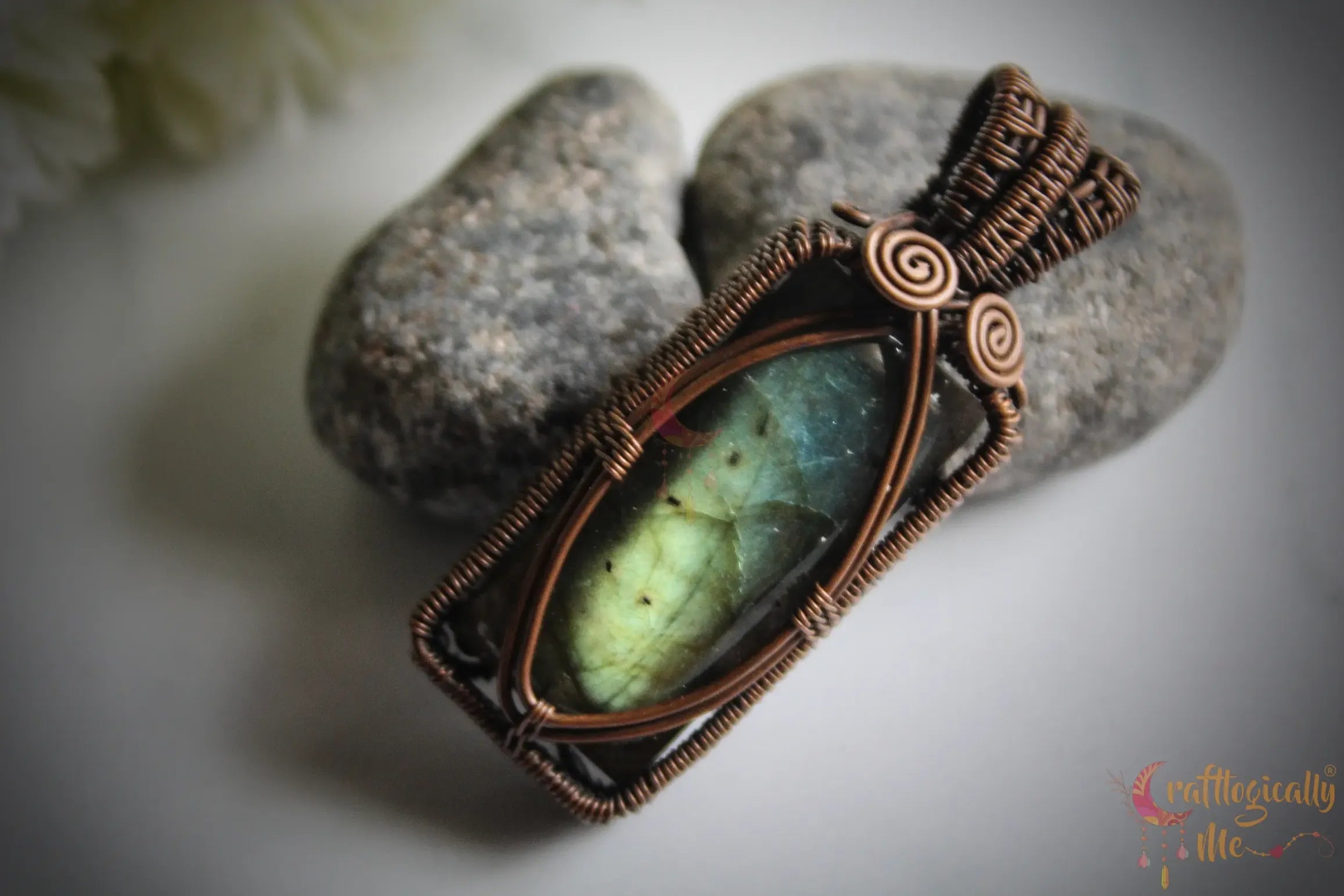 Green Flash Labradorite Gemstone Rectangle Pendant – Handmade Oxidized Copper Wire Wrapped Jewelry