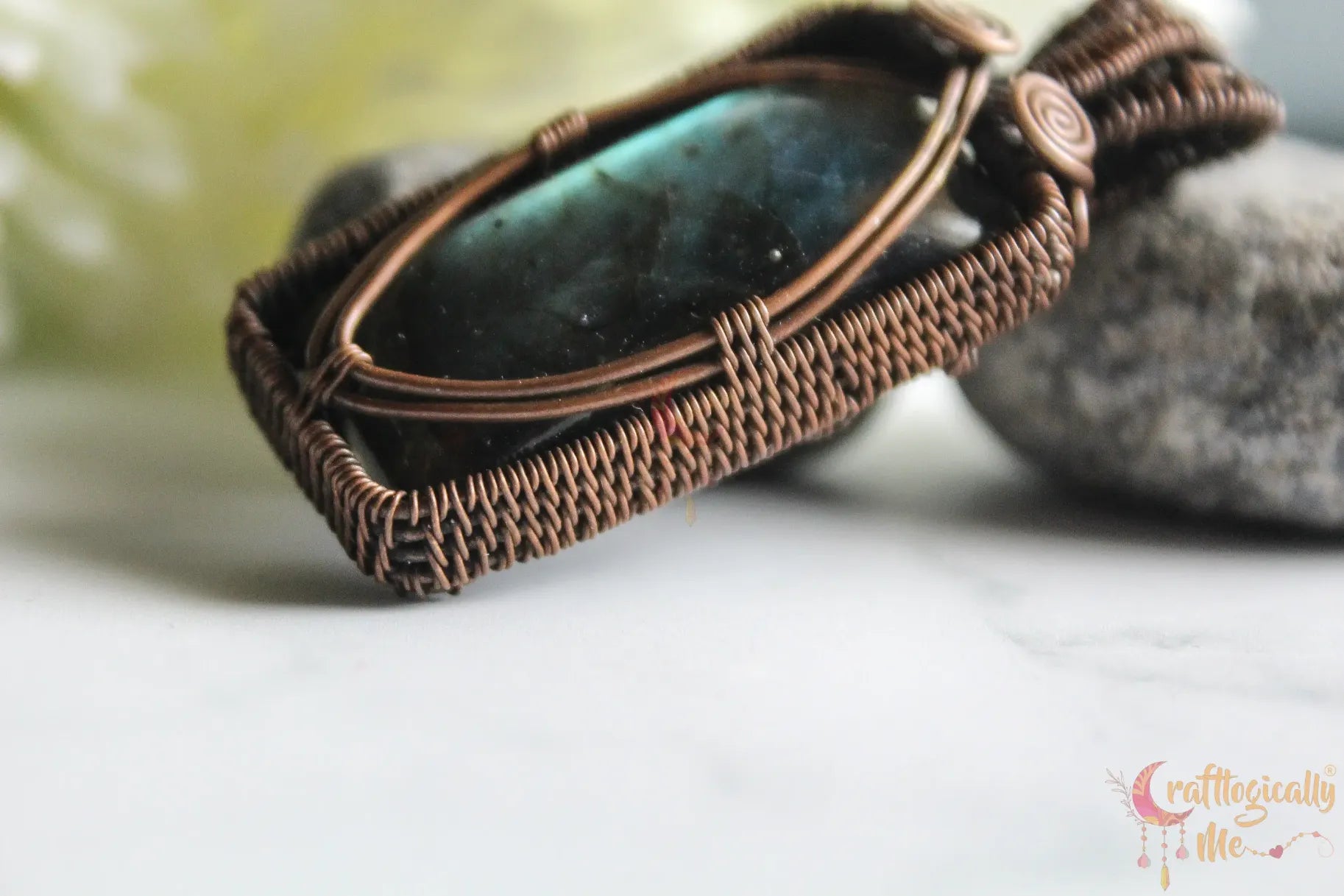 Green Flash Labradorite Gemstone Rectangle Pendant – Handmade Oxidized Copper Wire Wrapped Jewelry