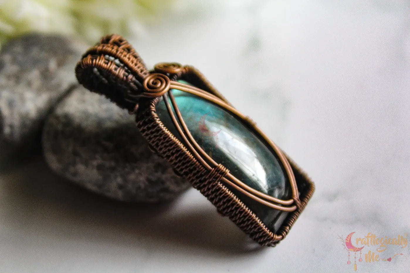 Green Flash Labradorite Gemstone Rectangle Pendant – Handmade Oxidized Copper Wire Wrapped Jewelry