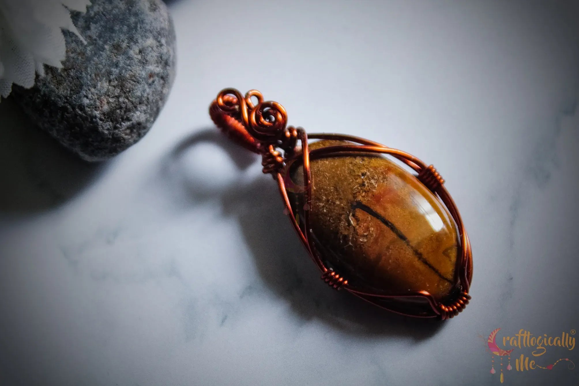 Jasper Gemstone Minimalist Pendant – Handmade Anti-Tarnish Copper Wire Wrapped Jewelry