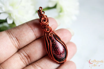Red Glitter Resin Gemstone Pendant – Handmade Anti-Tarnish Copper Wire Wrapped Jewelry