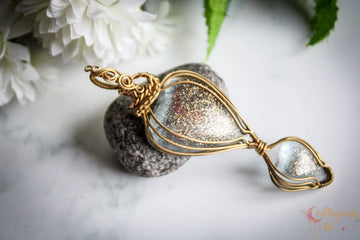 Resin Gemstone Double Heart Wire Wrapped Pendant – Handmade Gold Plated Brass Jewelry