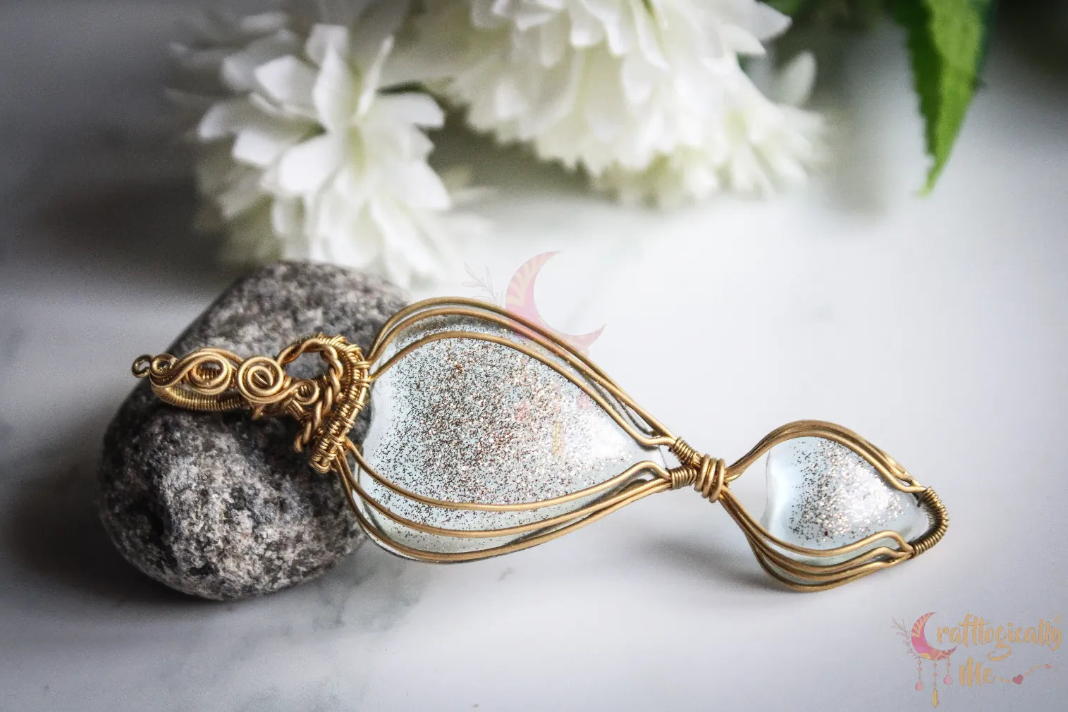 Resin Gemstone Double Heart Wire Wrapped Pendant – Handmade Gold Plated Brass Jewelry