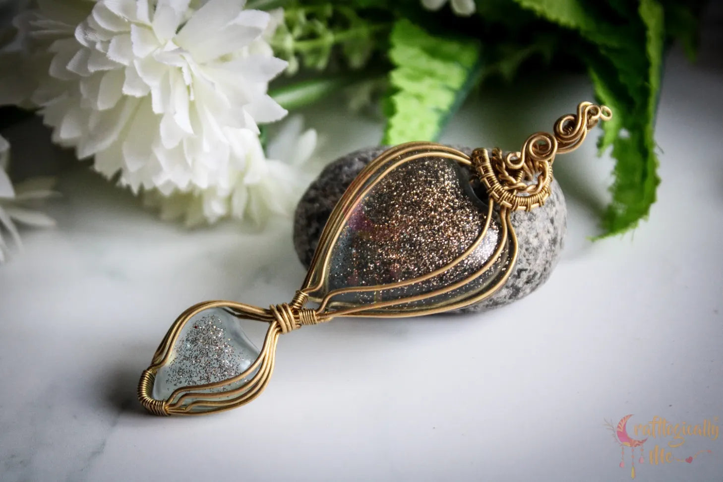 Resin Gemstone Double Heart Wire Wrapped Pendant – Handmade Gold Plated Brass Jewelry