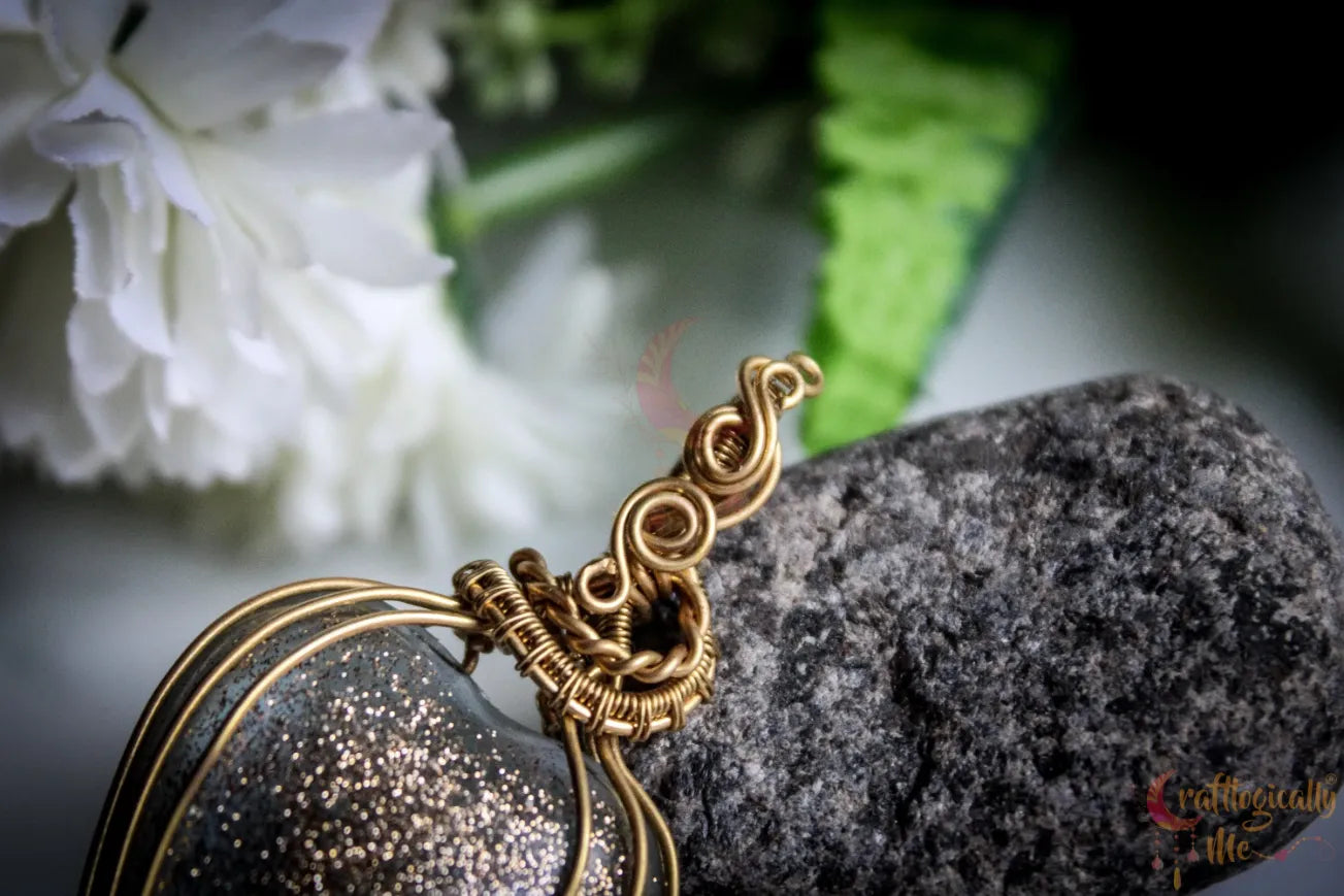 Resin Gemstone Double Heart Wire Wrapped Pendant – Handmade Gold Plated Brass Jewelry