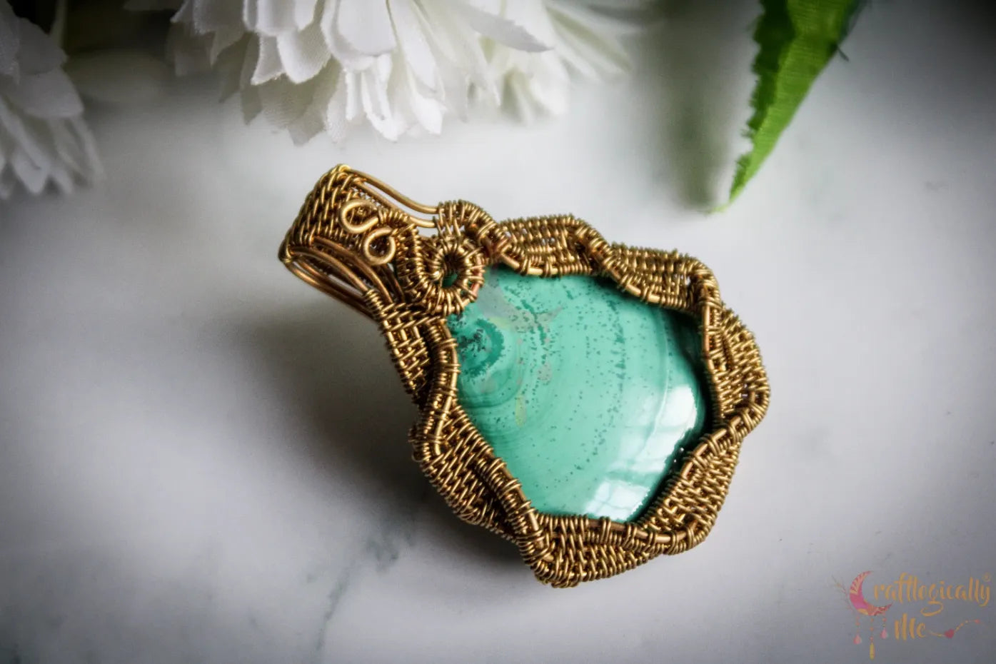 Malachite Gemstone Crisscross Wire Wrapped Pendant – Handmade Gold Plated Brass Jewelry