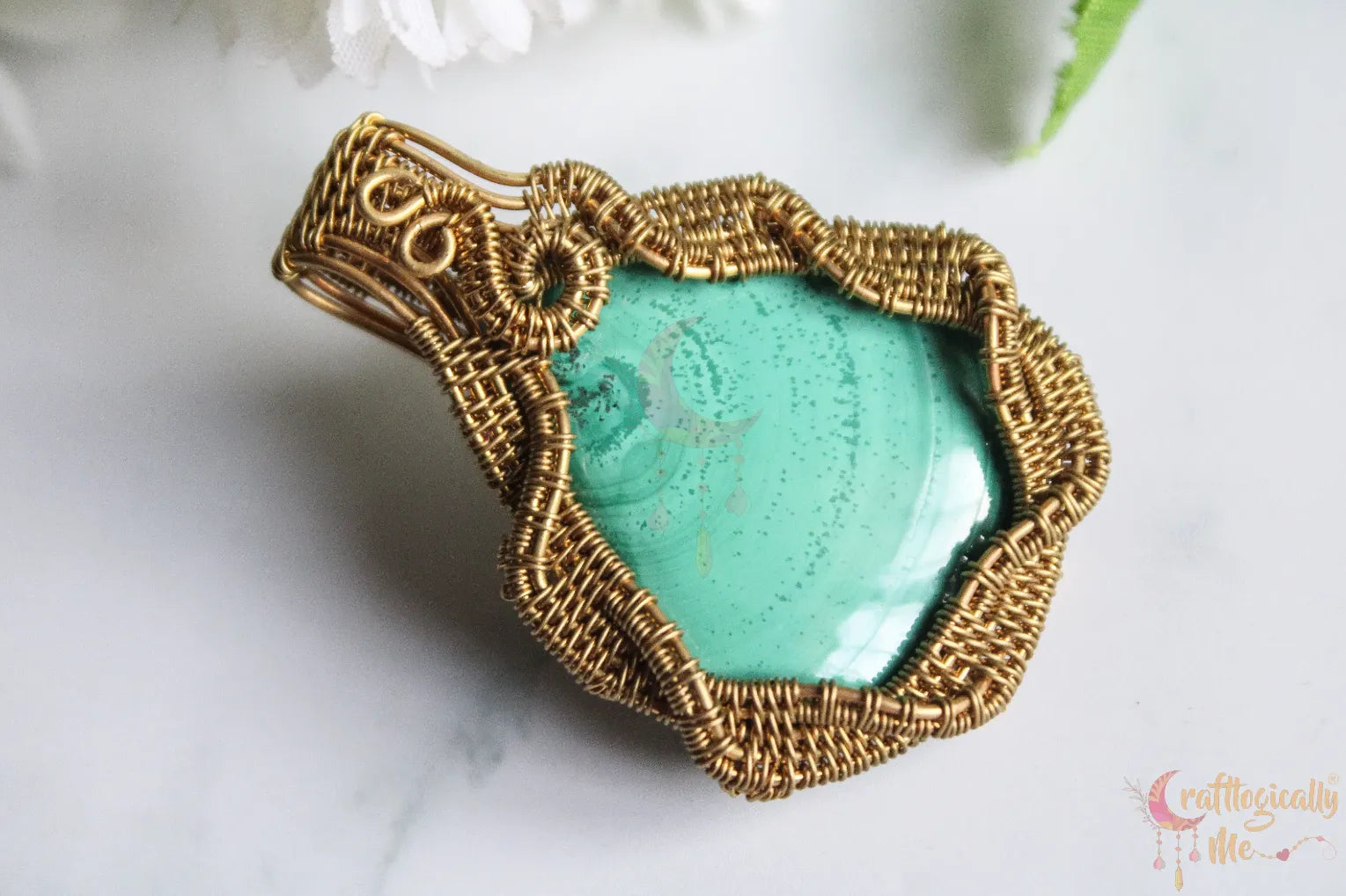 Malachite Gemstone Crisscross Wire Wrapped Pendant – Handmade Gold Plated Brass Jewelry