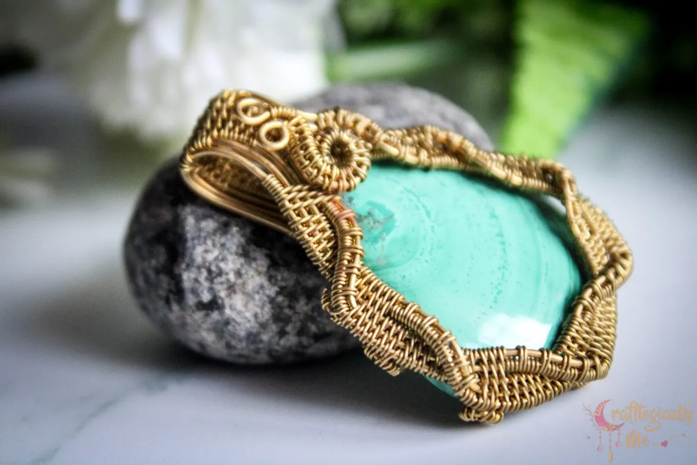 Malachite Gemstone Crisscross Wire Wrapped Pendant – Handmade Gold Plated Brass Jewelry