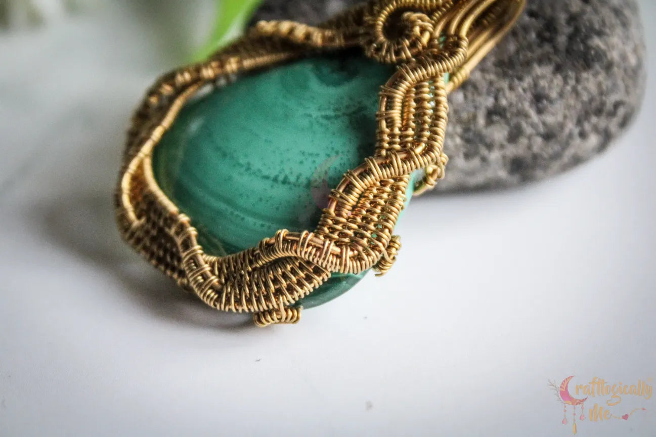 Malachite Gemstone Crisscross Wire Wrapped Pendant – Handmade Gold Plated Brass Jewelry
