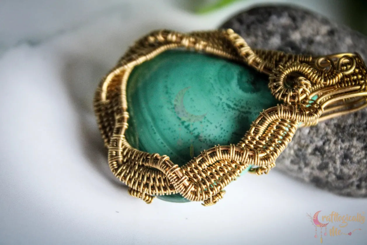 Malachite Gemstone Crisscross Wire Wrapped Pendant – Handmade Gold Plated Brass Jewelry