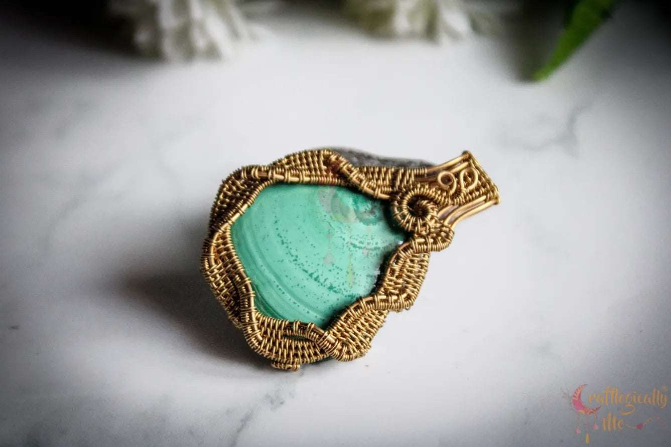 Malachite Gemstone Crisscross Wire Wrapped Pendant – Handmade Gold Plated Brass Jewelry