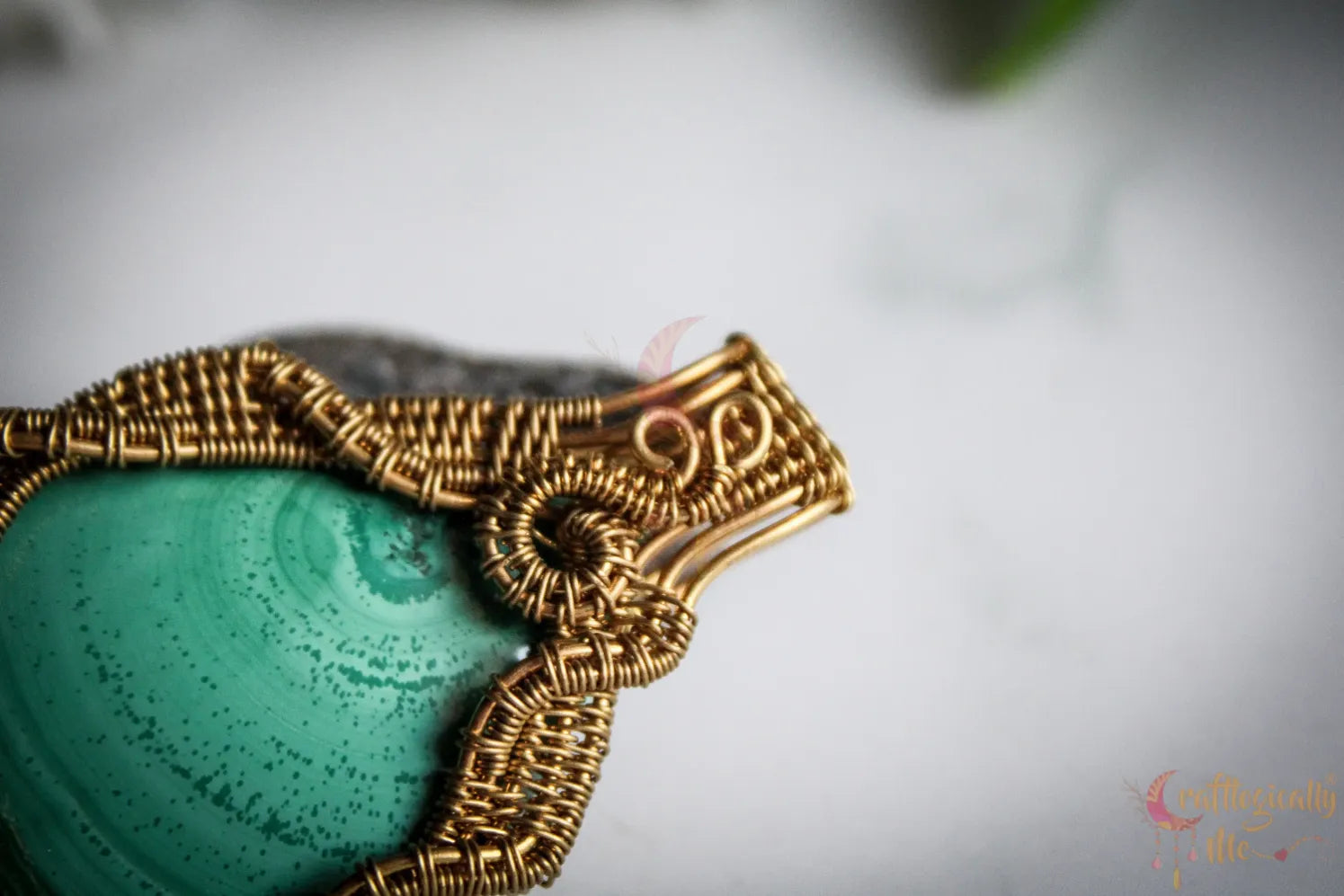 Malachite Gemstone Crisscross Wire Wrapped Pendant – Handmade Gold Plated Brass Jewelry