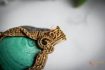 Malachite Gemstone Crisscross Wire Wrapped Pendant – Handmade Gold Plated Brass Jewelry