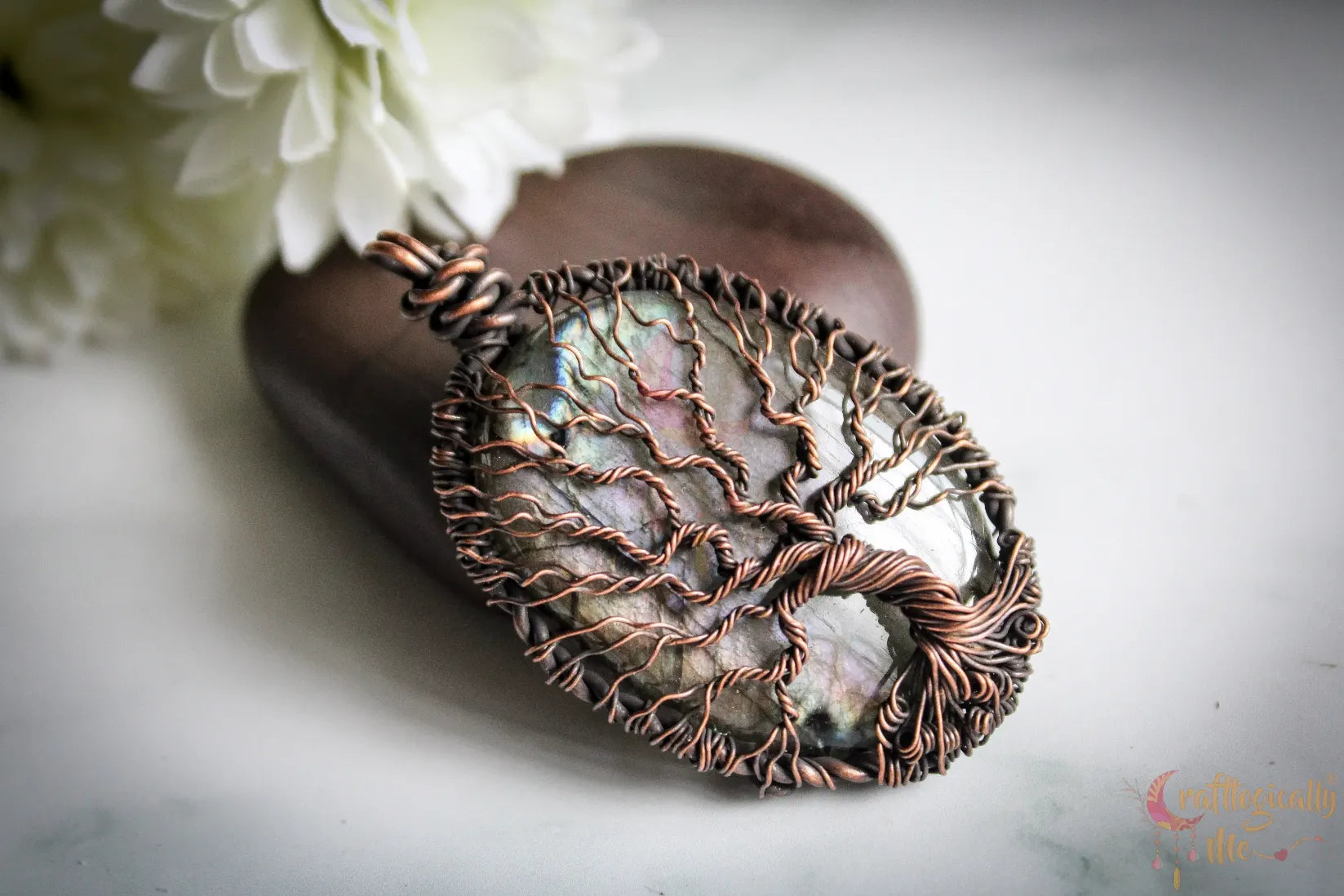 Purple Labradorite Gemstone Tree of Life Pendant – Handmade Oxidized Copper Wire Wrapped Jewelry