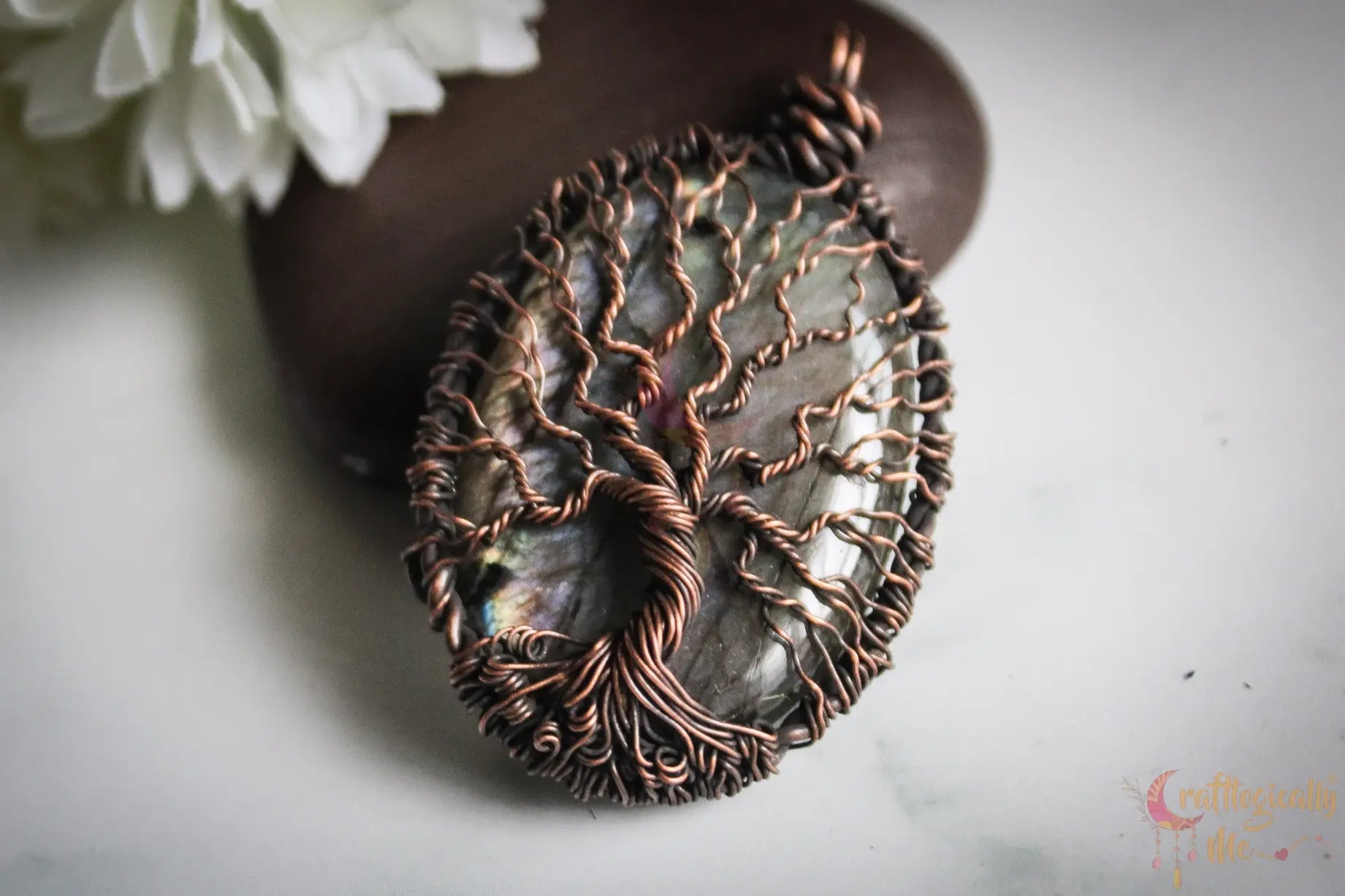 Purple Labradorite Gemstone Tree of Life Pendant – Handmade Oxidized Copper Wire Wrapped Jewelry