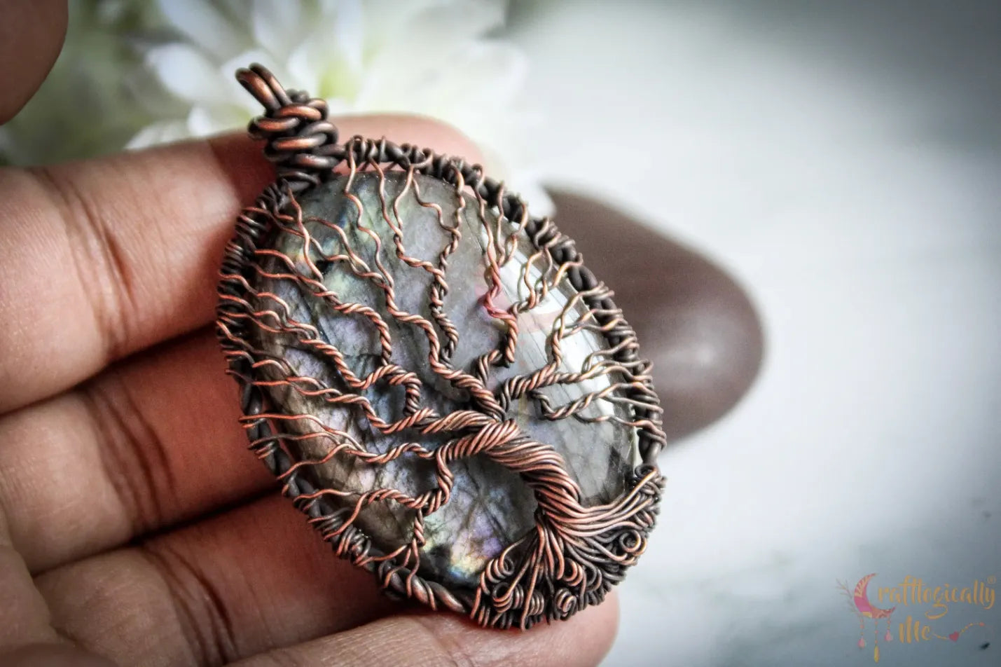 Purple Labradorite Gemstone Tree of Life Pendant – Handmade Oxidized Copper Wire Wrapped Jewelry