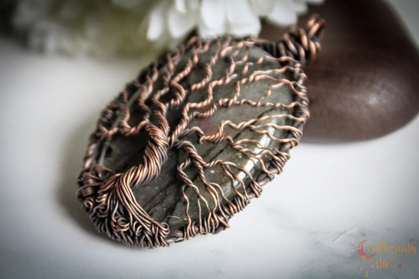 Purple Labradorite Gemstone Tree of Life Pendant – Handmade Oxidized Copper Wire Wrapped Jewelry