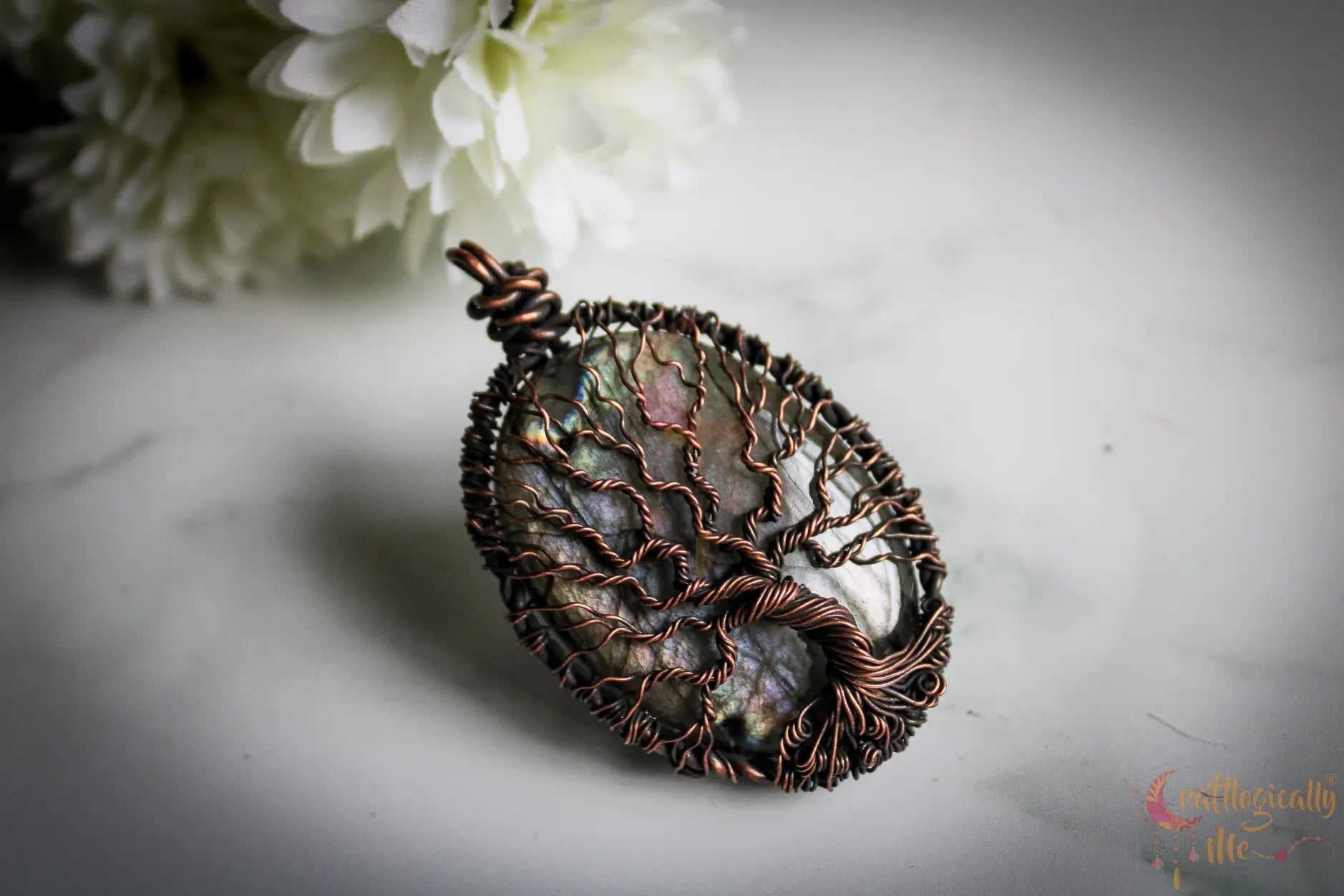 Purple Labradorite Gemstone Tree of Life Pendant – Handmade Oxidized Copper Wire Wrapped Jewelry