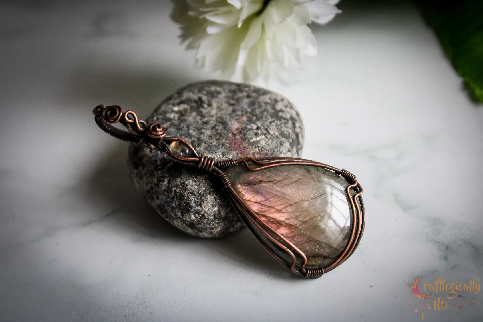 Pink Labradorite Gemstone Drop Pendant – Handmade Oxidized Copper Wire Wrapped Jewelry