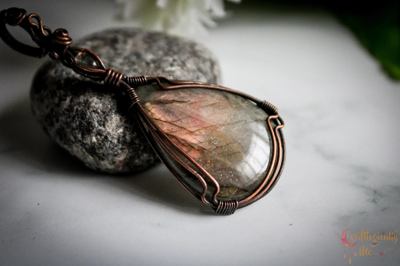 Pink Labradorite Gemstone Drop Pendant – Handmade Oxidized Copper Wire Wrapped Jewelry