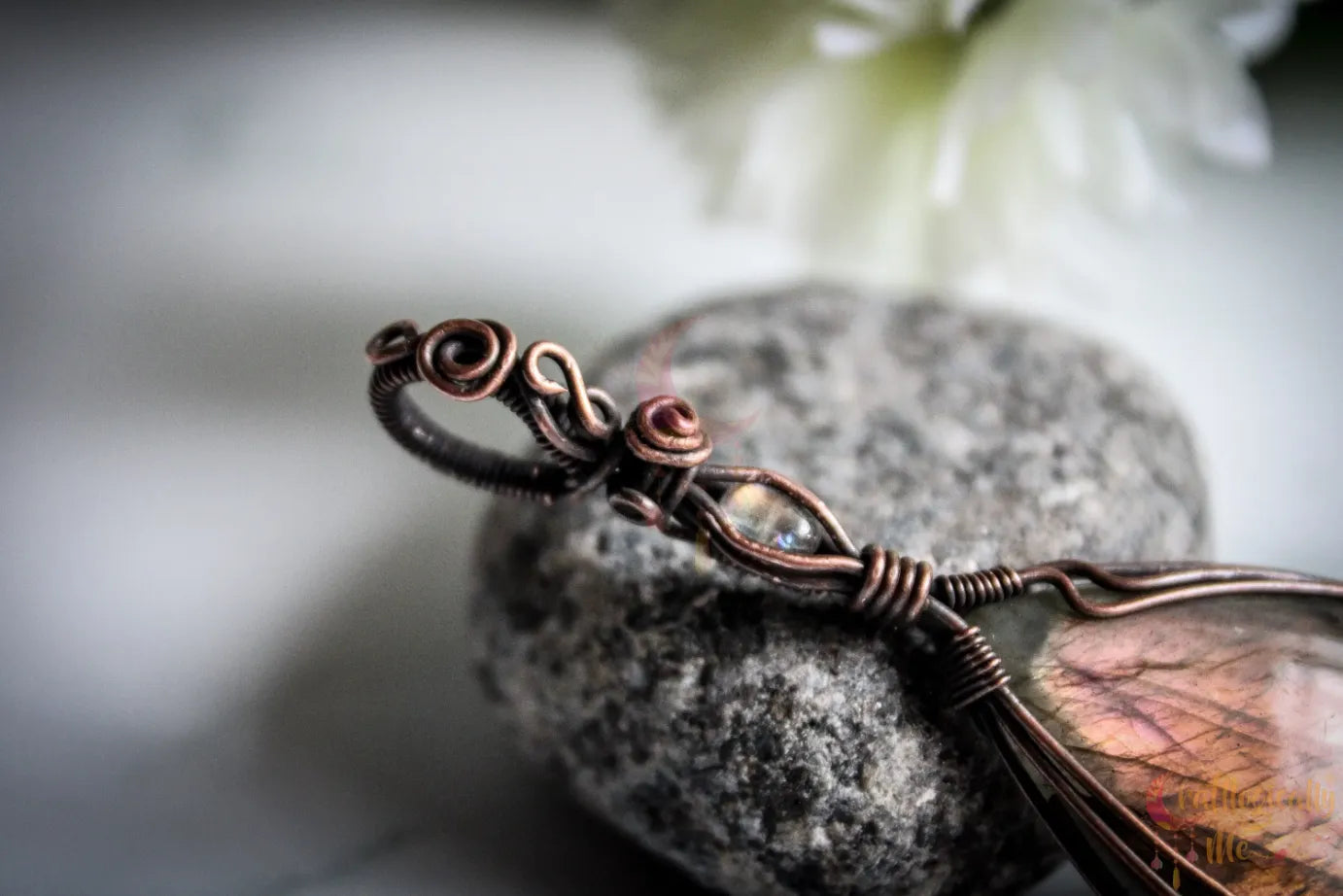 Pink Labradorite Gemstone Drop Pendant – Handmade Oxidized Copper Wire Wrapped Jewelry