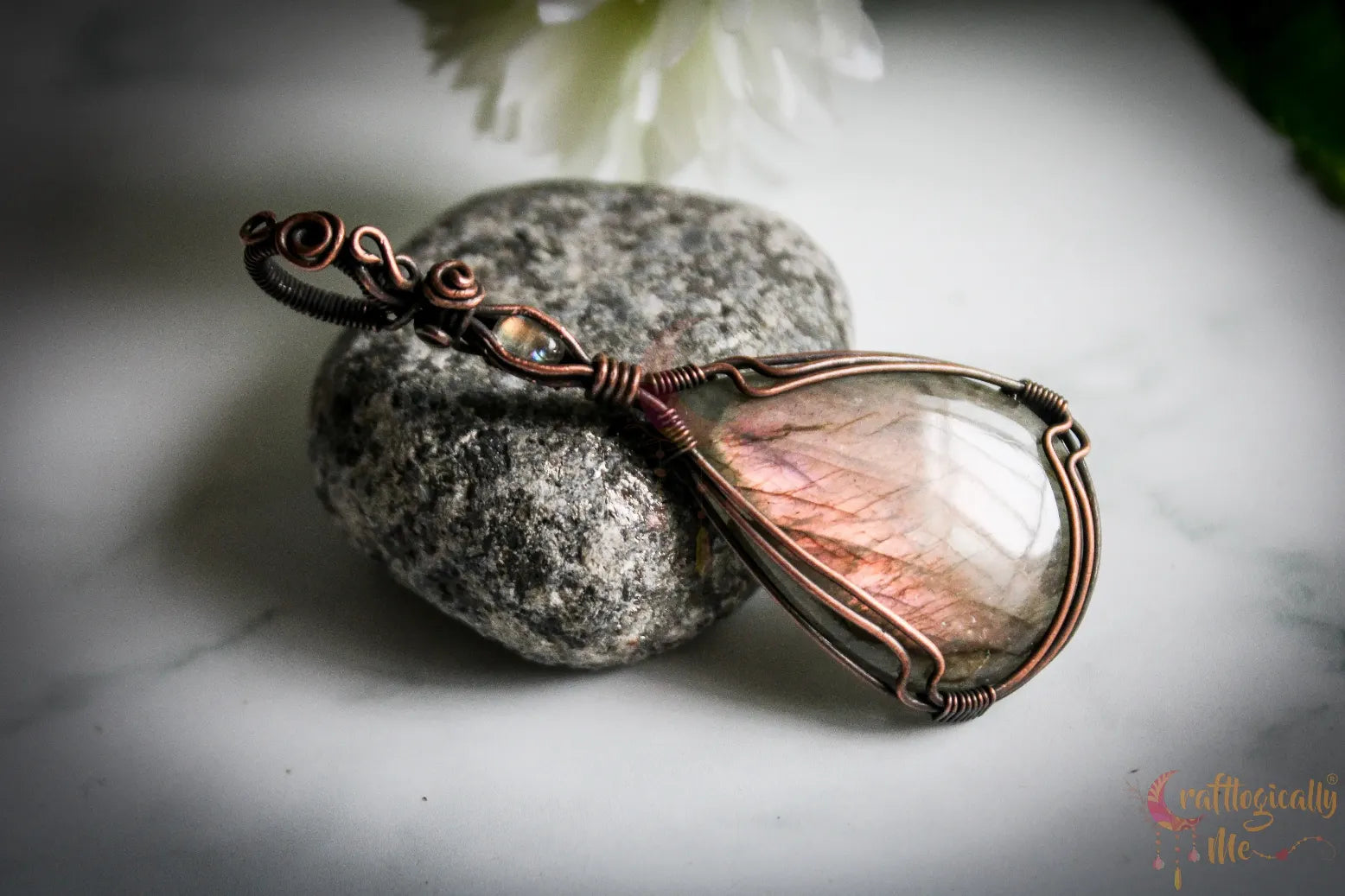 Pink Labradorite Gemstone Drop Pendant – Handmade Oxidized Copper Wire Wrapped Jewelry
