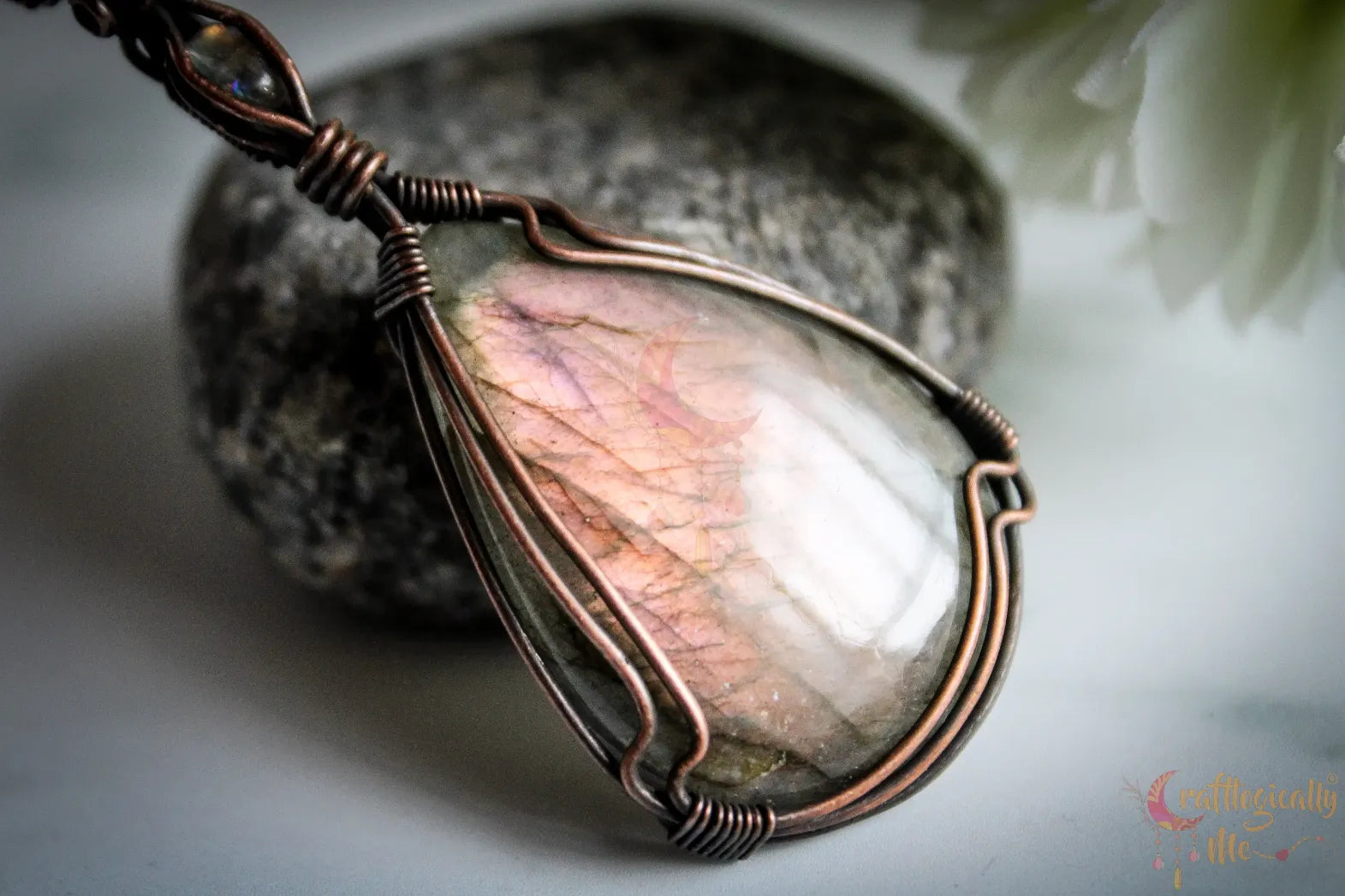 Pink Labradorite Gemstone Drop Pendant – Handmade Oxidized Copper Wire Wrapped Jewelry