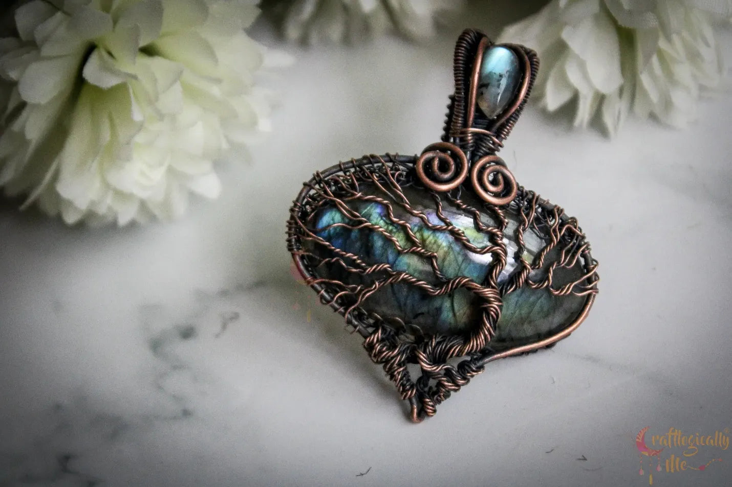 Labradorite Gemstone Drop Tree of Life Pendant – Handmade Oxidized Copper Wire Wrapped Jewelry