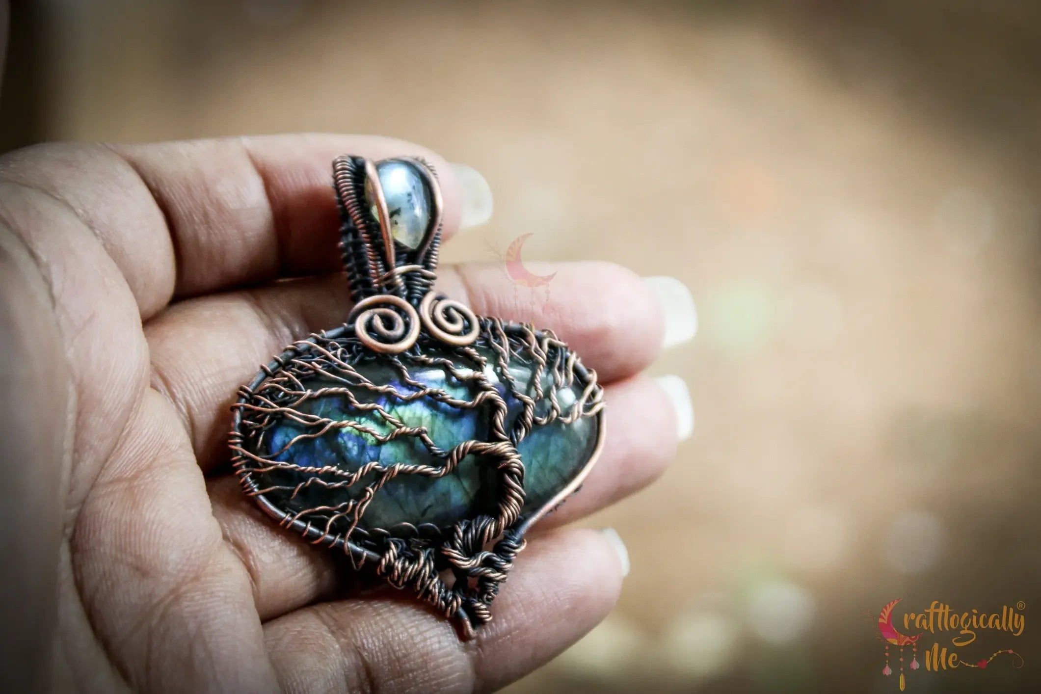 Labradorite Gemstone Drop Tree of Life Pendant – Handmade Oxidized Copper Wire Wrapped Jewelry