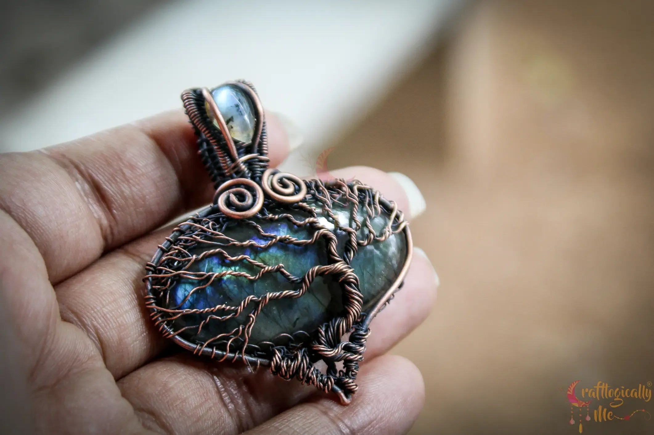 Labradorite Gemstone Drop Tree of Life Pendant – Handmade Oxidized Copper Wire Wrapped Jewelry