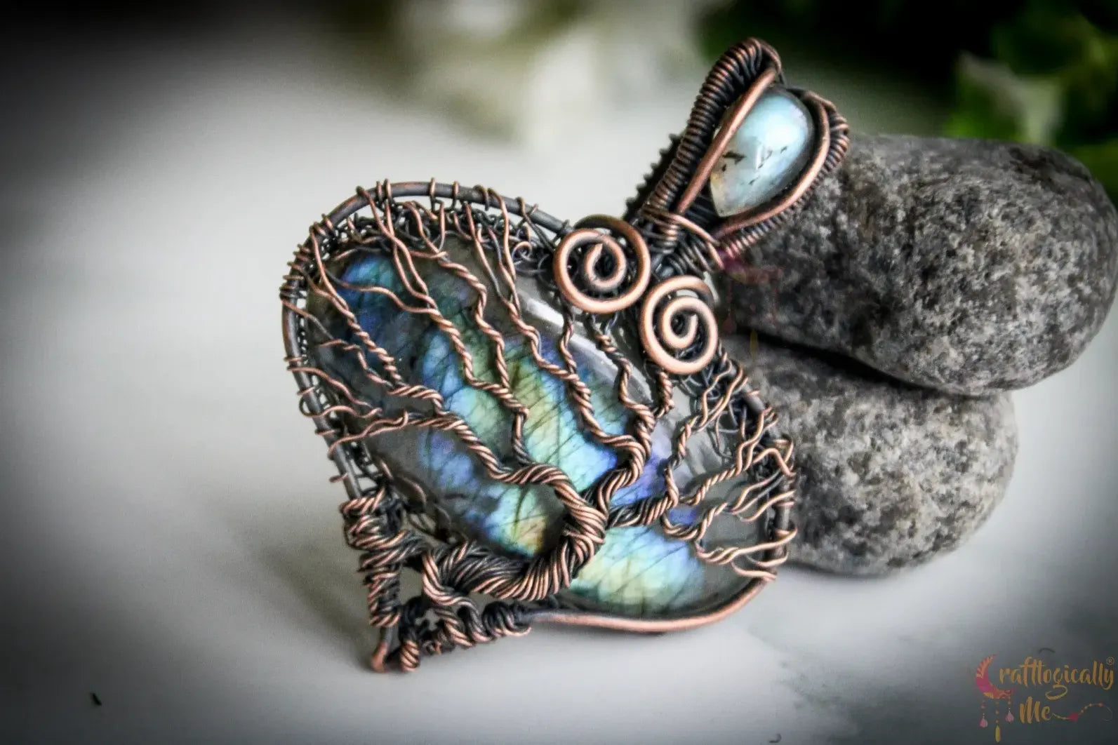 Labradorite Gemstone Drop Tree of Life Pendant – Handmade Oxidized Copper Wire Wrapped Jewelry