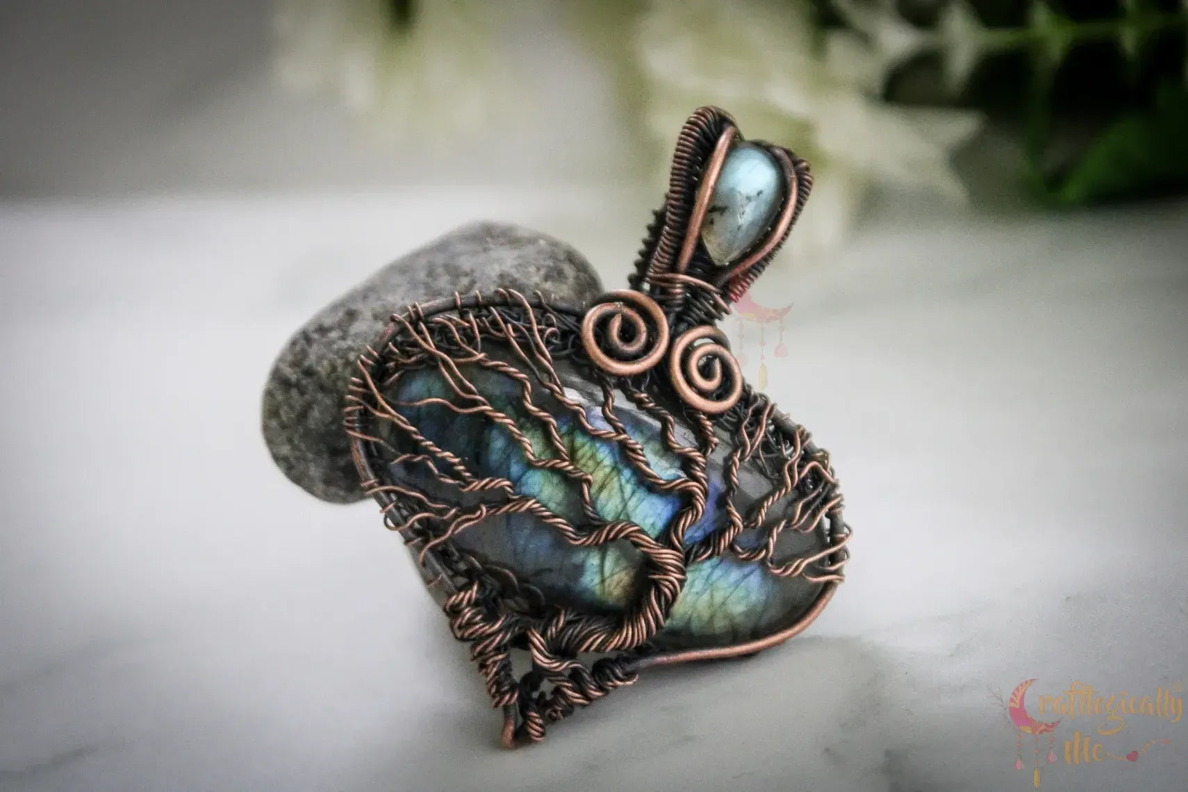 Labradorite Gemstone Drop Tree of Life Pendant – Handmade Oxidized Copper Wire Wrapped Jewelry